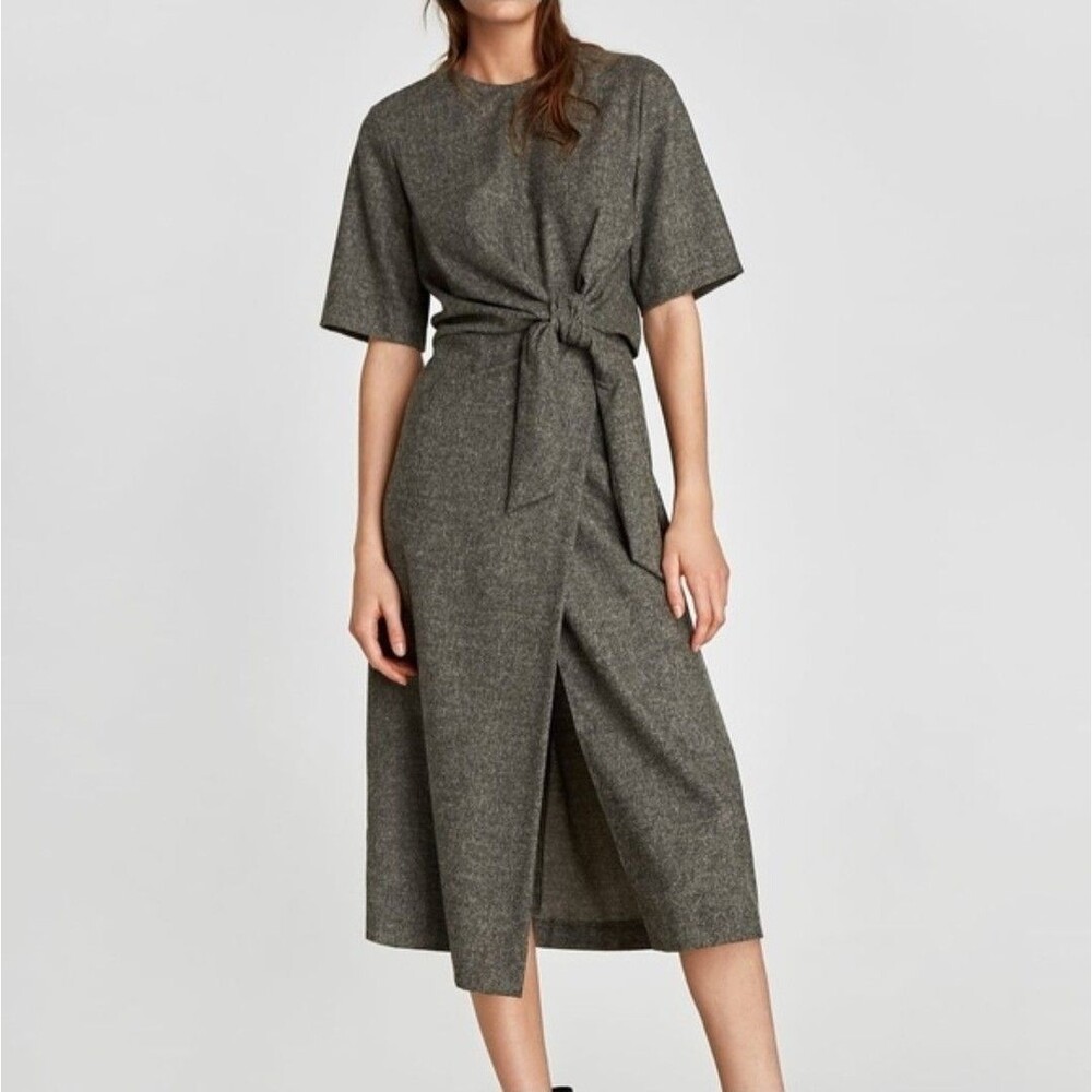Zara Woman Knotted Wool Faux Wrap Midi Dress SMALL Tie Waist Gray Short Sleeve